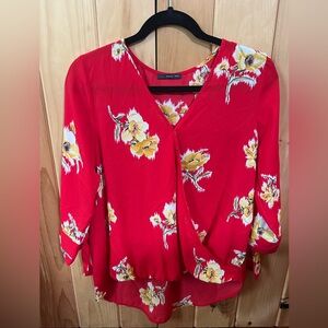 Red blouse with yellow floral print from West Kei. Cute lightweight summer top